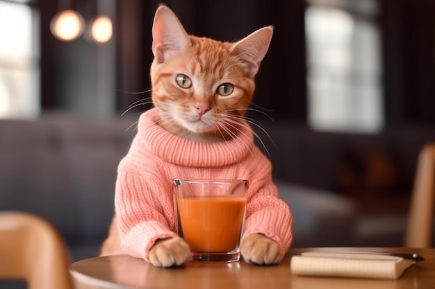 Ginger kitten in roze gebreide trui in café Generative AI