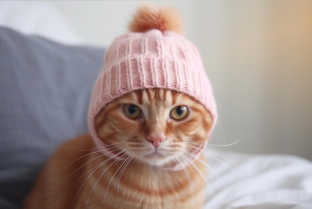 Ginger kitten in pink knitted hat in bed Generative AI