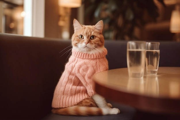 Ginger kitten in pink knitted sweater in cafe Generative AI