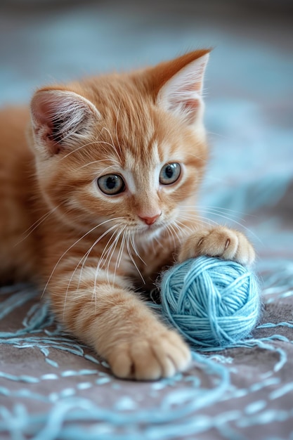 Ginger Kitten Playing with Ball of YarnxA