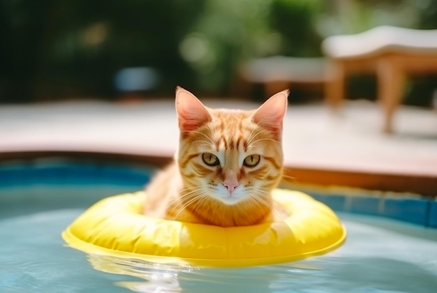 Ginger kitten in straw hat with yellow inflatable ring Generative AI