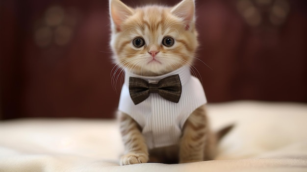 Ginger kitten in a white bow tie on a light background