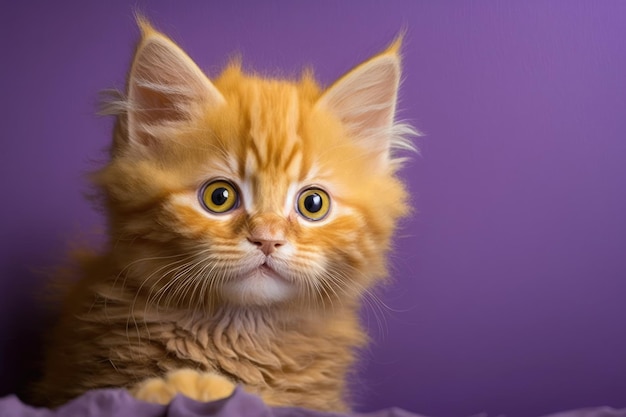 Ginger kitten with a curious expression Purple backdrop for this horizontal image