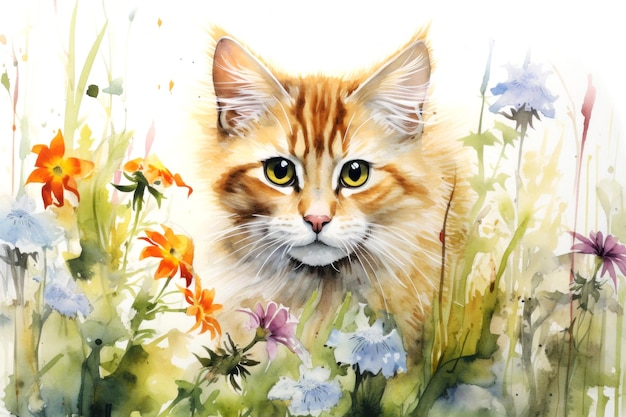 Ginger kitty waterverf illustratie van schattige kat en lente weide bloemen Tekening kunstconcept