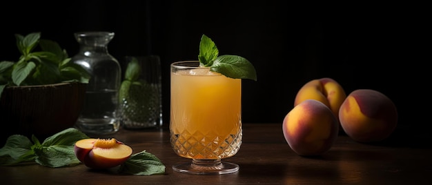 Ginger Peach Fizz Шипучий коктейль из пюре из свежих персиков, имбирного пива и водки.