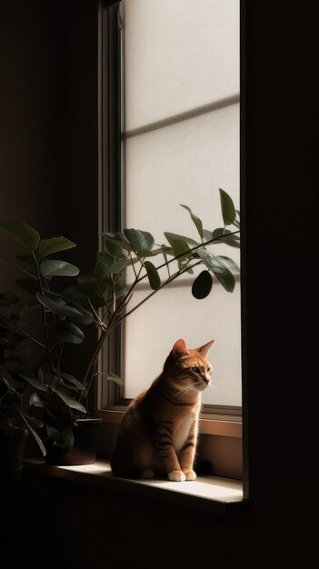 Ginger red cat minimalism on a windowsill with free space