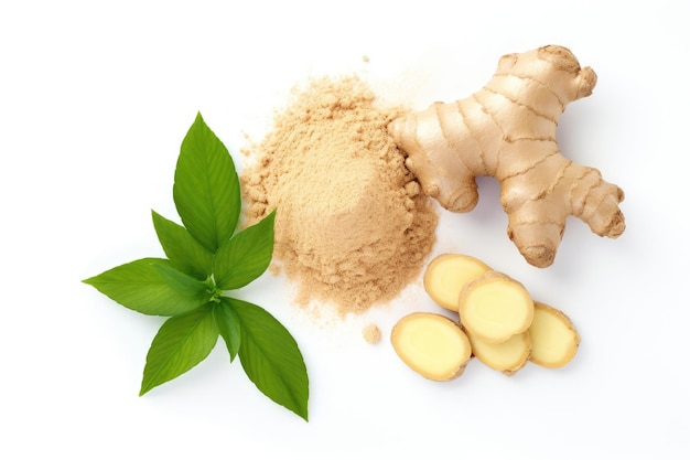 Ginger rhizome and powder on white background Top view Flat lay