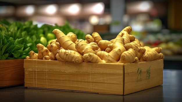 Ginger root in a box on the supermarket counter ai generative ai generative