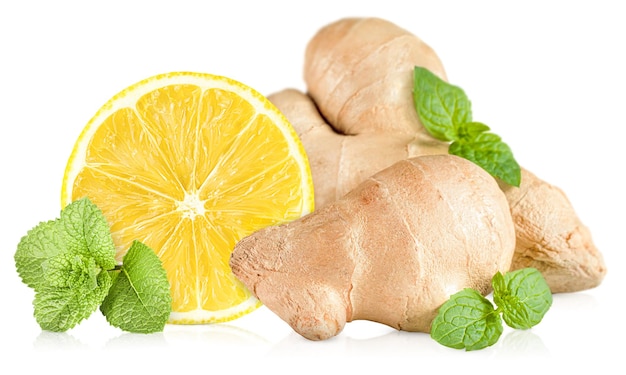 Ginger root lemon slice and sprigs of mint on a white isolated background