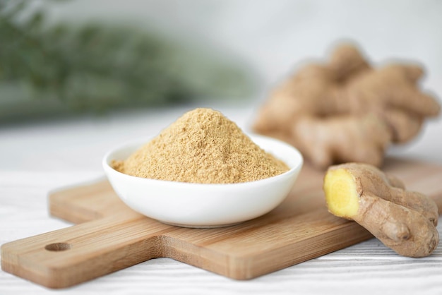 Ginger root powder in a white bowl