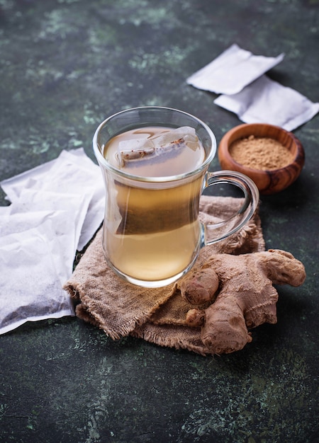 Ginger root and tea bags. 