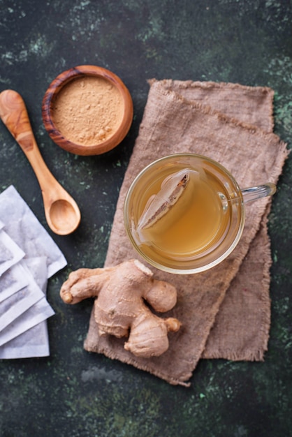 Ginger root and tea bags. 