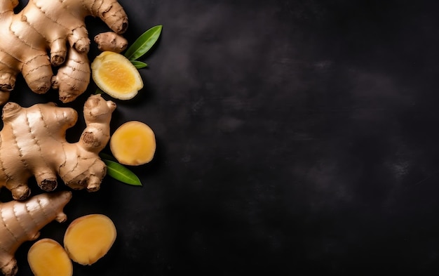 Ginger root with leaves on a black background.