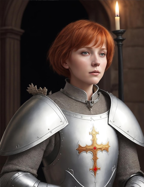 Ginger short hair woman Medieval France Armor with a White Surcoat and Cross