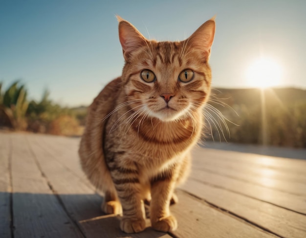 ネクタイをかぶった真っ金色の驚いた猫が木製のデッキの上に立って太陽が背景に沈んでいます