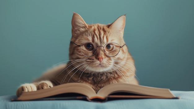 Ginger Tabby Cat in Glasses Reading Book Back to School Exam Preparation Graduation AI Generated