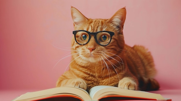 Ginger Tabby Cat in Glasses Reading Book Back to School Exam Preparation Graduation AI Generated