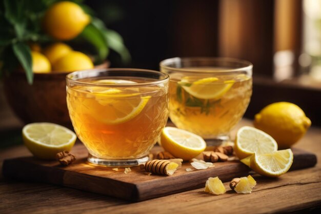 Photo ginger tea with lemon and honey on wooden table traditional drink