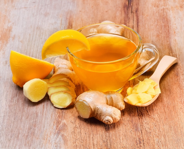 Ginger tea on wooden table