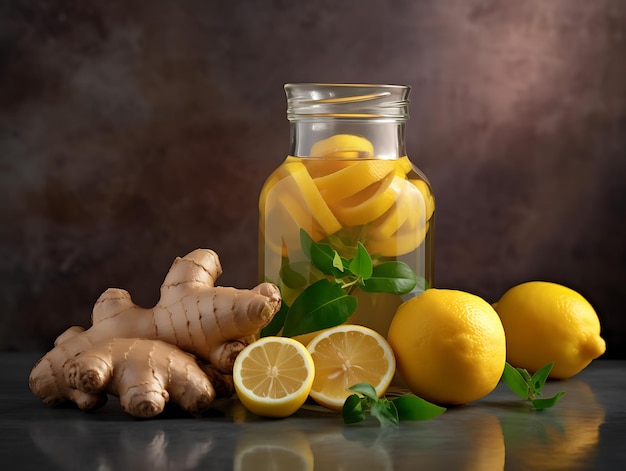 コピー スペース Ai ジェネレーティブと灰色の背景にレモンと蜂蜜を入れたガラスの瓶の中の生姜水