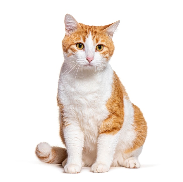 Photo ginger and white crossbreed cat sitting in front