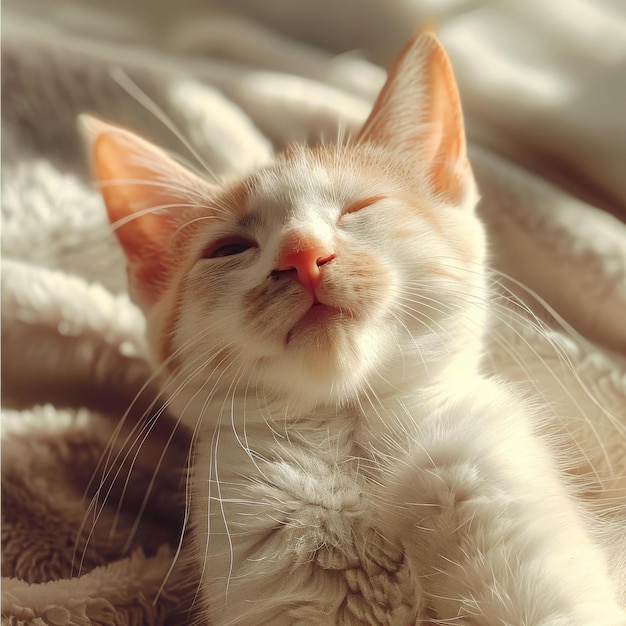 A ginger and white kitten is sleeping on a blanket in the sunlight