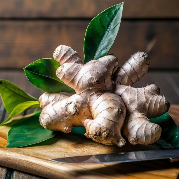 Ginger with leaves on the cutting Board On wooden background