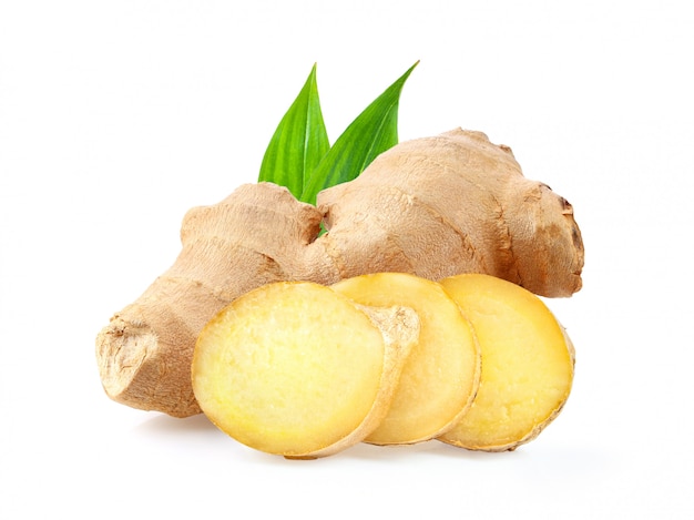 Ginger with leaves Isolated on a white  background