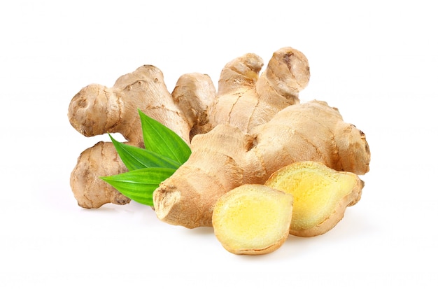 Ginger with leaves Isolated on a white  background