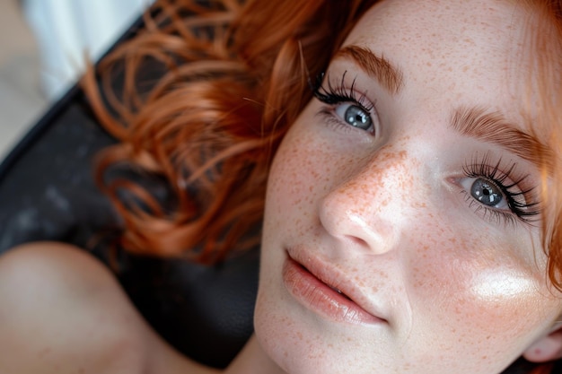 ginger woman enjoying lash treatment in serene white salon generative AI