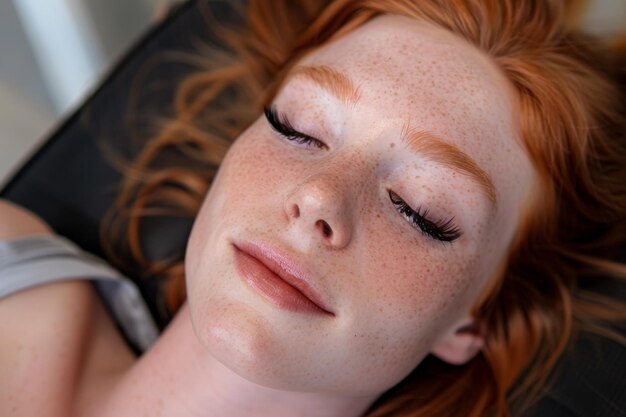 ginger woman enjoying lash treatment in serene white salon generative AI