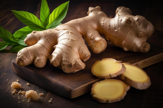 ginger on a wooden board with green leaves