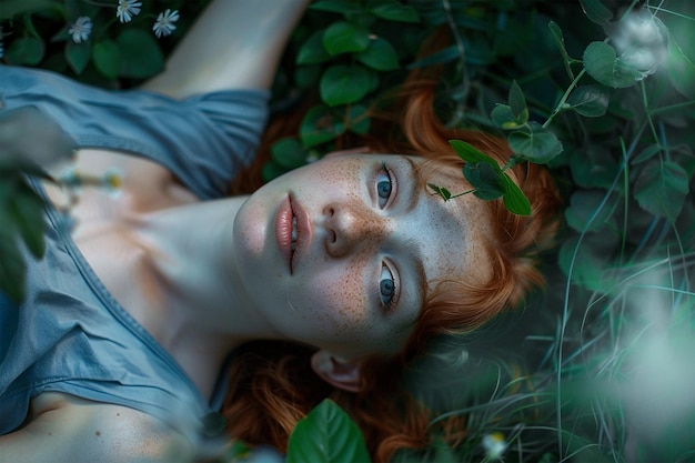 Ginger young girl lying on the ground in garden among green plants