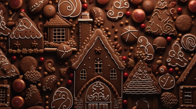 Gingerbread abstract Christmas background houses and ginger cookie men Winter season tradition baking