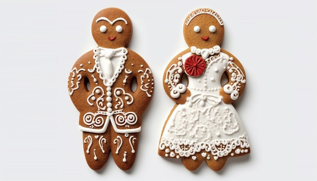 Gingerbread bruid en bruidegom koekjes geïsoleerd op witte achtergrond Versierde bruiloftskoekjes Getrouwd