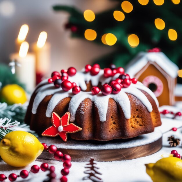 Photo gingerbread cake for christmas with lingonberry and christmas decorations on white background