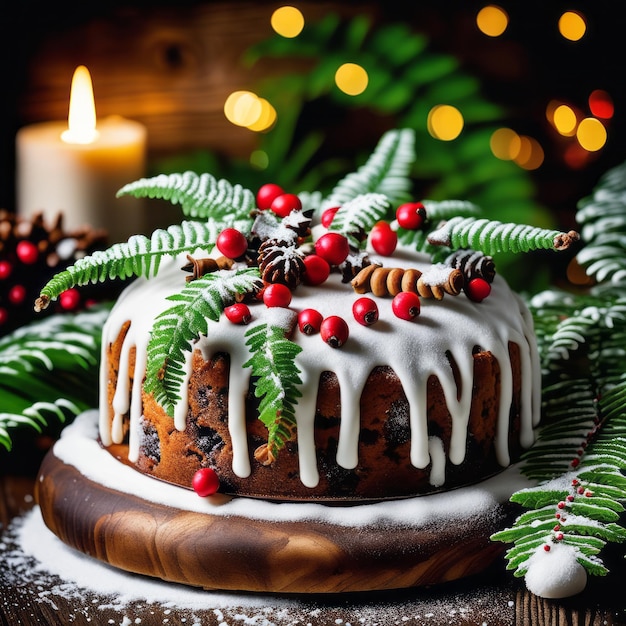Foto torta di pan di zenzero per natale con lingonberry e decorazioni natalizie su sfondo bianco