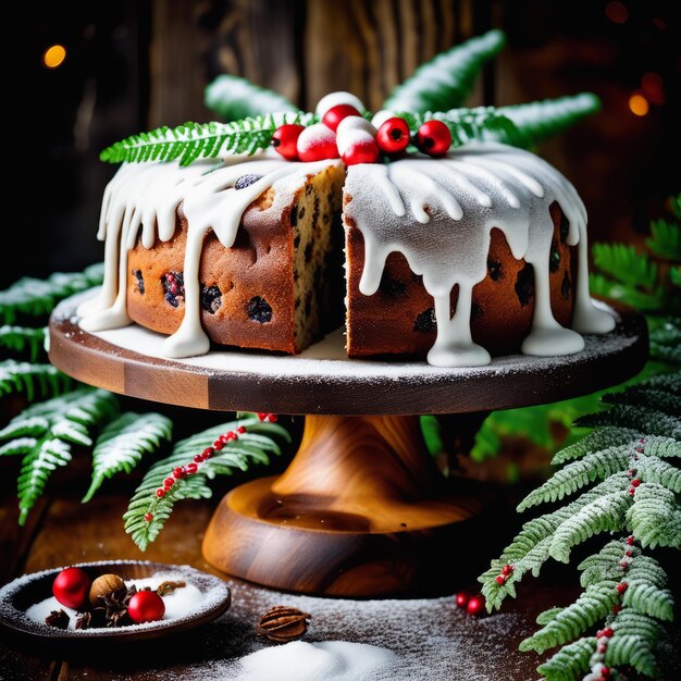 Foto torta di pan di zenzero per natale con mirtillo e decorazioni natalizie su sfondo bianco