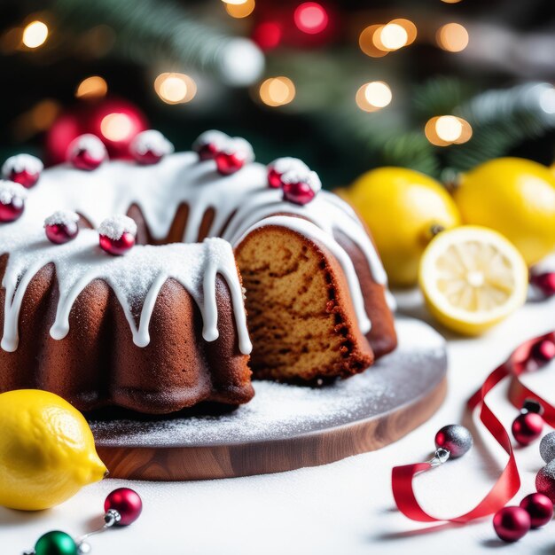 Gingerbread cake for Christmas with lingonberry and christmas decorations over wool white background