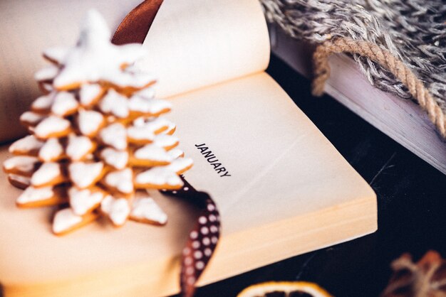 Gingerbread christmas tree cookies, opened book with the inscription on the page January