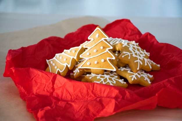 Gingerbread Christmas tree and stars in red napkin