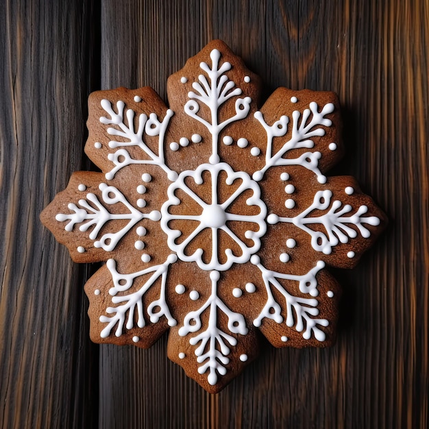 Gingerbread cookie decorated with white icing lies on the table