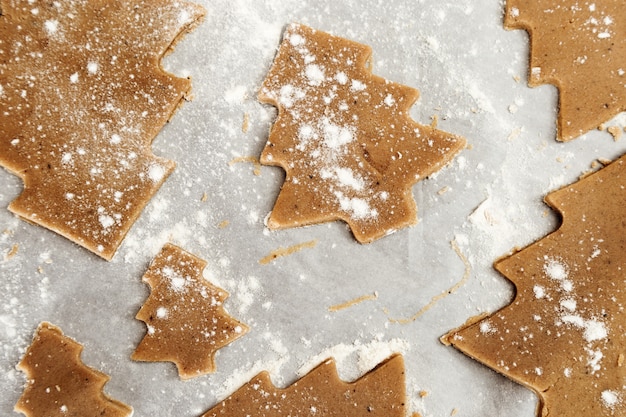 Gingerbread Cookie. New Year figures from a dough, prepared for baking in the oven. Cookies in the form of Christmas tree on paper for baking. Christmas food concept.