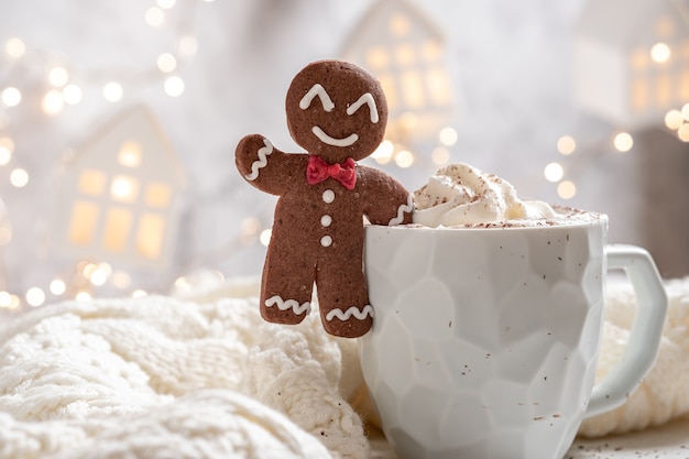 Gingerbread cookie with a hot chocolate for the Christmas holiday