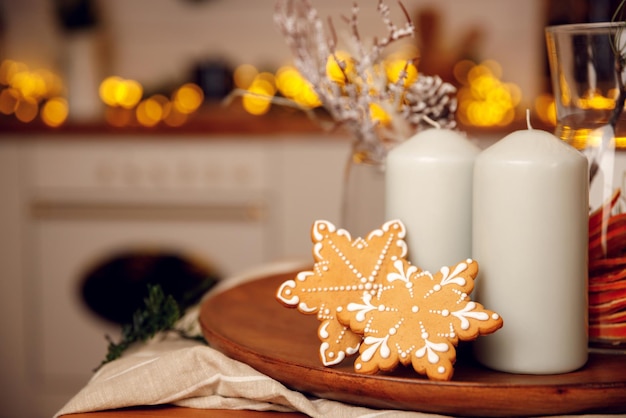 Gingerbread cookie on wooden plate