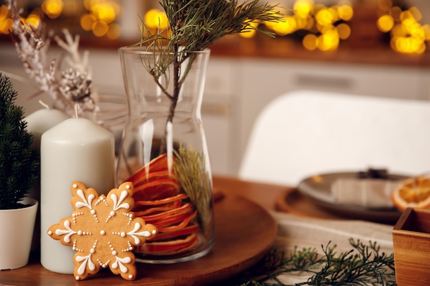 Gingerbread cookie on wooden plate