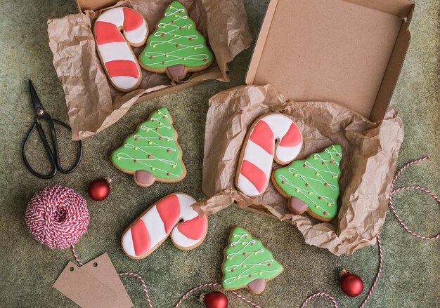 Gingerbread cookies are packed in boxes for gifts Preparing for Christmas