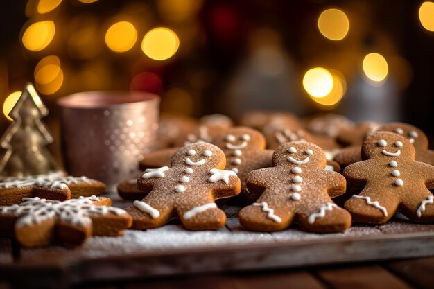 Gingerbread cookies on a baking tray twinkling Christmas lights and stockings in the background