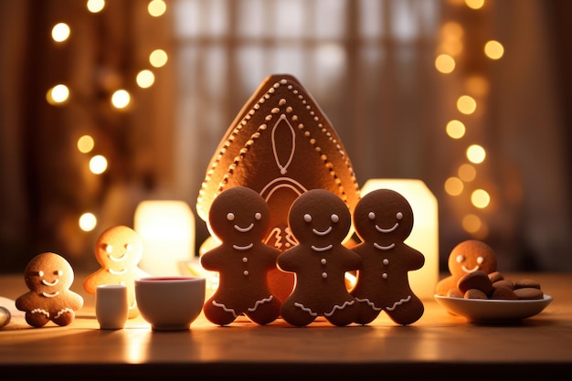 ジンジャーブレッドクッキー キャラクター 家族 焼いた家とアイスで装飾された 家の居心地の良いハイグル ⁇ 囲気 クリスマス 冬の休日