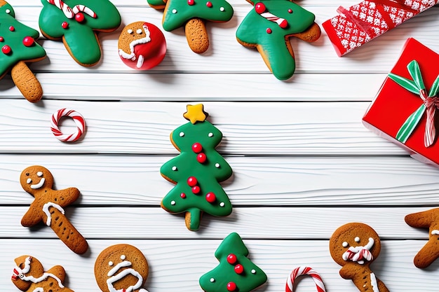 gingerbread cookies and christmas decoration on wooden background flat lay with space for textginge